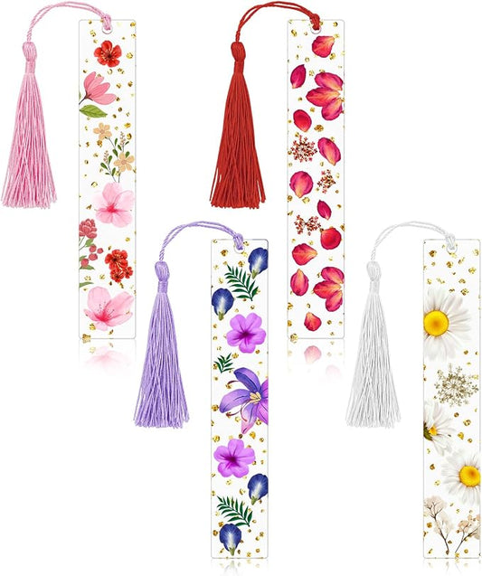 4 Pieces Acrylic Dried Flower Bookmark, Transparent Pressed Flower Bookmarks Dried Floral Book Markers Handmade Floral Page Marker with Tassel Cute Bookmark for Reading Lover Students Teachers