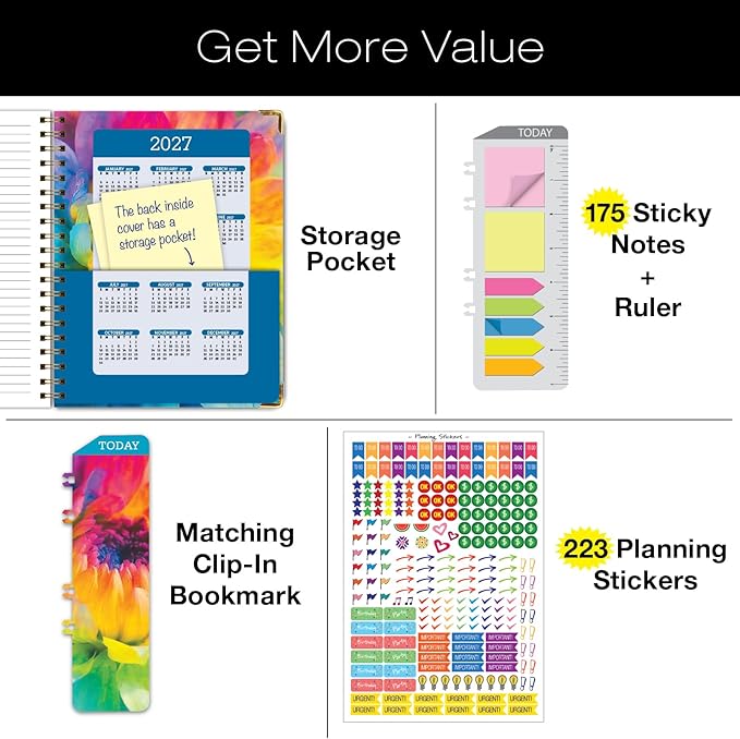 HARDCOVER 2026 Planner, 8.5"x11": 14 Months (November 2025 - December 2026), Daily Weekly Monthly Planner, Yearly Agenda, Bookmark, Pocket Folder and Sticky Note Set (Rainbow Petals)