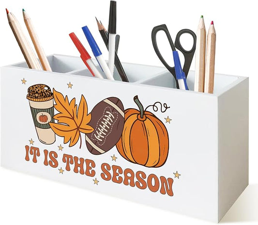 Fall Football Pen Holder for Desk, Autumn Coffee Pumpkin Maple Leaf Wooden Box Sign Desk Decor for Home Office Decoration, Rustic Fall Pencil Organizer, Football Lover Gifts