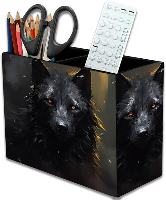 Pen Holder, Pencil Case, Makeup Brush Storage Box, Tableware Storage Box, Suitable for Office Or Home Item Organizing Stand - Black Wolf
