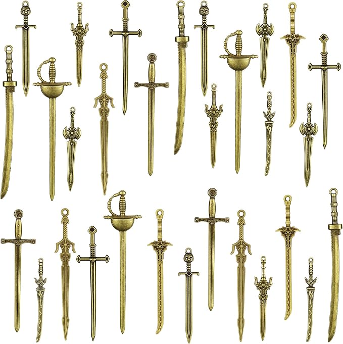 Hicarer 30 Pieces Antique Swords Knife Bookmark Sword Charms Pendants Bookmarks for Book Lovers Presents Reading Crafting DIY (Anti Brass)
