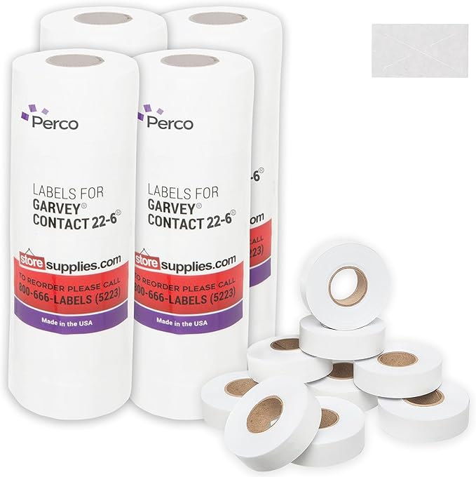 Perco 2212 White Pricing Labels for Garvey Contact 22-6/22-7/22-8 Price Gun - 36 Rolls, 44,000 Pricemarking Labels - with Bonus Ink Roll