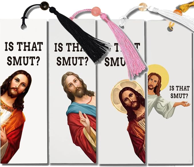 2 Pack Peeking Jesus is that Smut?Bookmark Inscribed with Hilarious Text and Tassels for Book Lovers,Funny Bookmarks for Adults Humor(Pink&White)