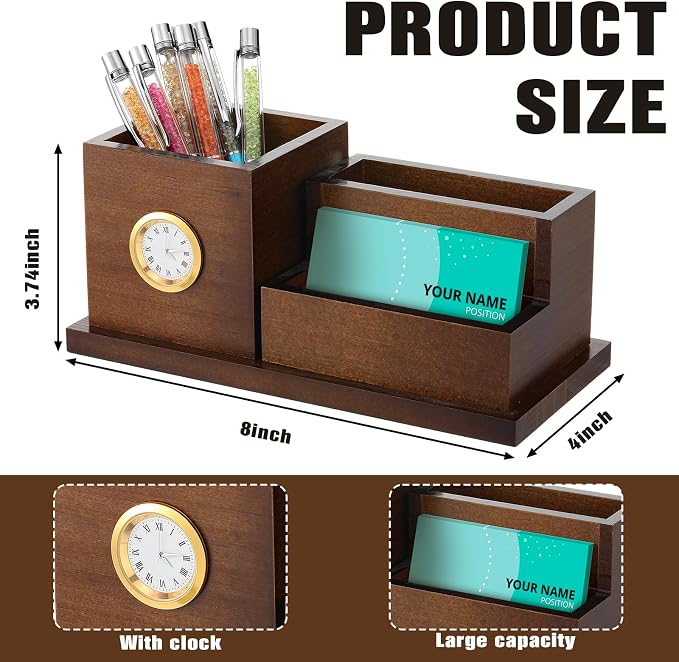 Watersay Wood Business Card Holders with Clock Pen Holder Lawyers Gifts for Men and Women Desk Organizer for Attorney Lawyers Professionals Boss Birthday Ideal Gift