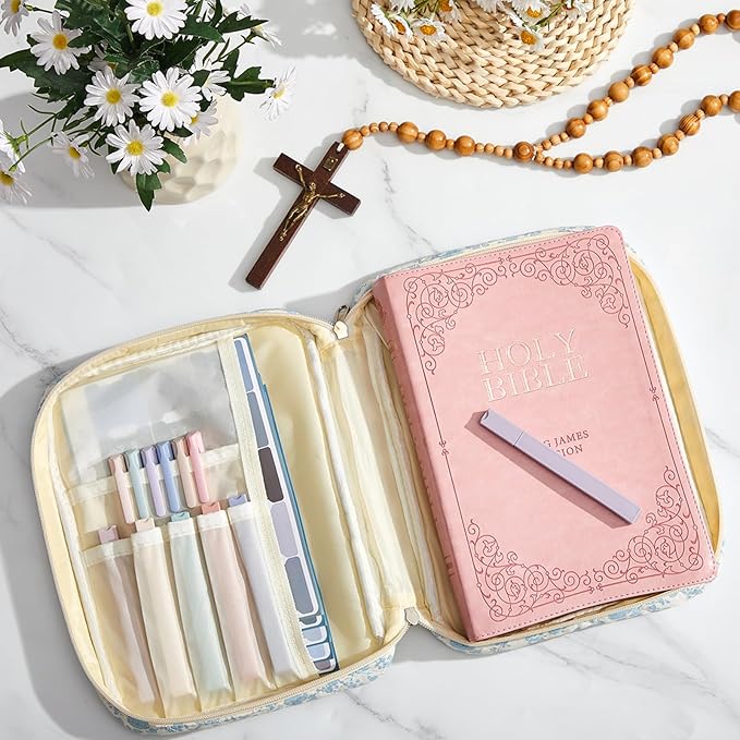 Sinload Quilted Bible Cover Case for Women Large Carrying Bag with Organizer Tabs 6 Colored Pens 6 Highlighters Book Tote Bags with Handle Bible Carry Supplies Christian Gifts(Blue Floral)