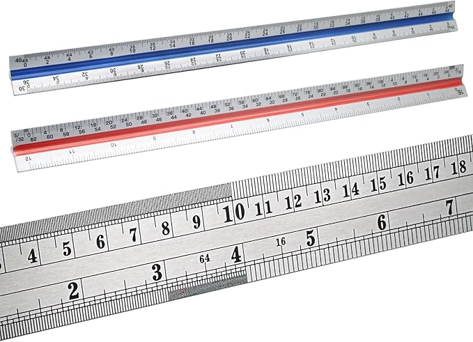 Biaungdo 3 Pack Architectural and Engineer Scale Ruler Set, 12 Inch Aluminum Triangular Drafting Tool, Laser-Etched Architect Scales Ruler for Draftsman, Standard Metal Ruler Included, Color-Coded