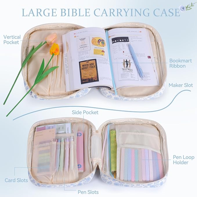Bible Cover Case for Women Large Quilted Bible Carrying Bag with Handles Bible Study Supplies & Accessories Christian Gifts for Women(Blue Flower, M)