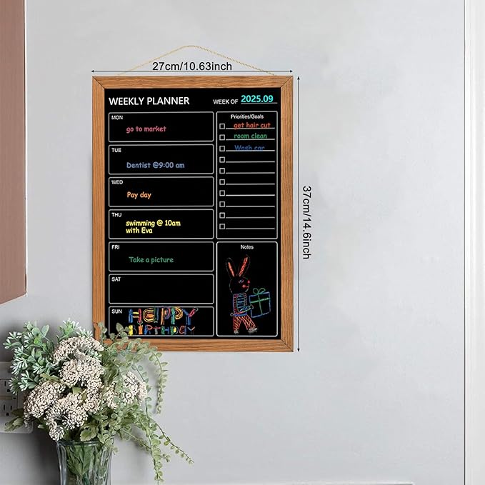 Calendar Weekly Chalkboard, 10.6" * 14.6", Magnetic Surface Rustic Brown Solid Pine Wood Frame Black Board for Office, School and Home(ZLHB-QZ-2737)