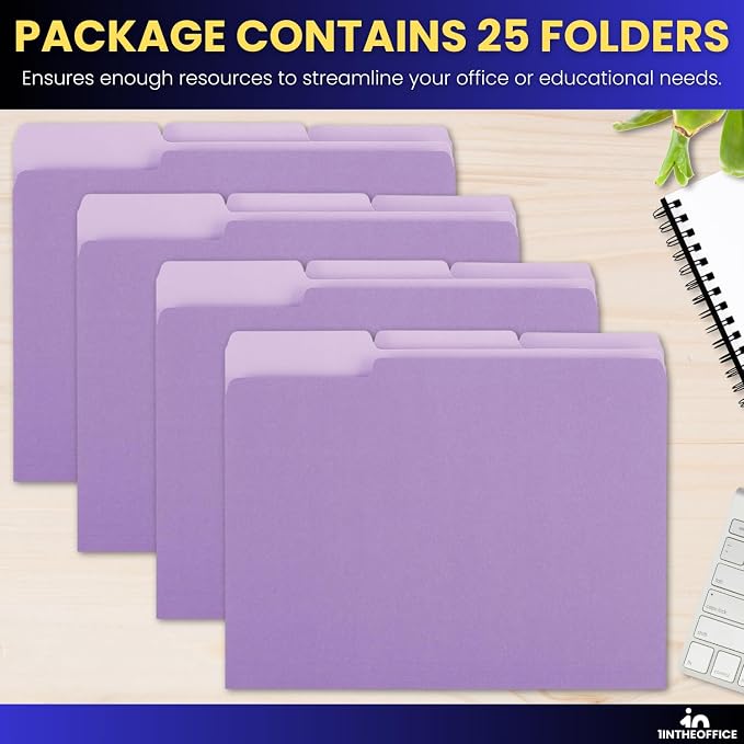 1InTheOffice Purple File Folders, 1/3 Cut Tabs, Letter Size, Violet, 25-Pack