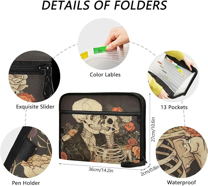 ALAZA Romantic Skeletons and Flowers Expanding Filing Folder, 13 Pockets Expandable Document Organizer Folder with Zipper Closure for Home Office A4 Letter Size Paper Document