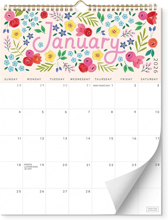 S&O Five Color Floral Wall Calendar from January 2026-June 2027 - Tear-Off Monthly Calendar - 18 Month Academic Wall Planner - Hanging Organizer to Track Anniversaries & Appointments - 13.5"x10.5”in