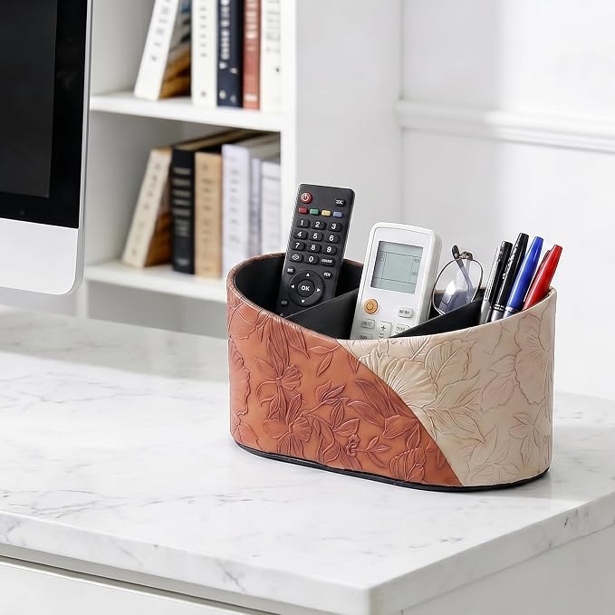 Two Leaves Shaped Leather Art Supply Organizer,Remote Control Holder,Multi-Functional Pencil Holder,3 Compartments Desktop Stationary Organizer(1-Brown)
