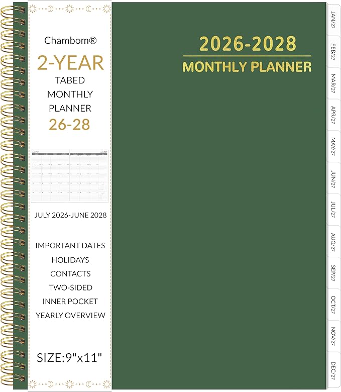 2026-2028 Monthly Planner 2 Year Monthly Planner/Calendar 2026-2028, 24 Months Calendar Planner Jul 2026 – Jun 2028, 9" x 11", Tabs, Double-Side Pocket, Holidays, Thick Paper - Dark Green