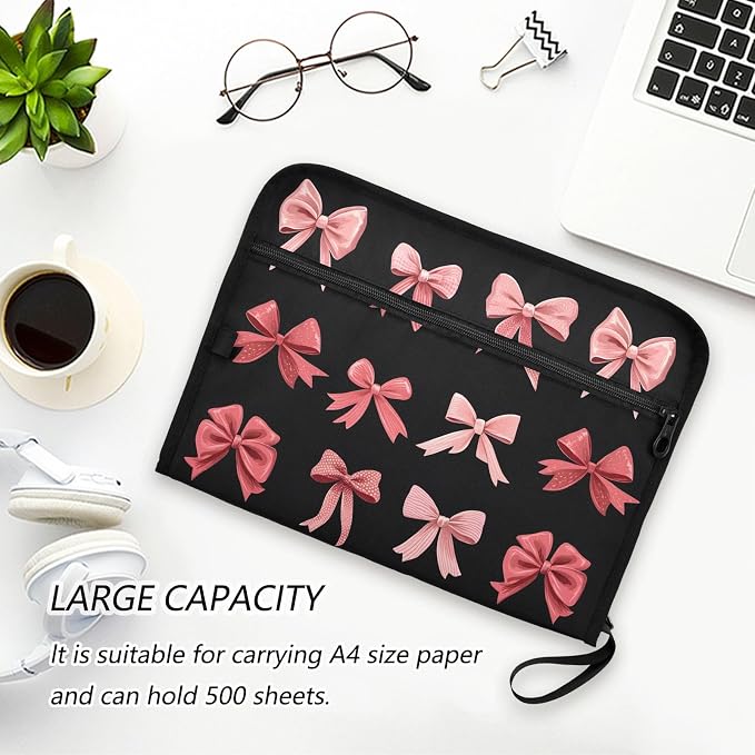Expanding File Folder Pink Red Bow Black Accordion File Organizer 13 Pockets Document Organizer with Zipper Labels A4 Letter Office Storage