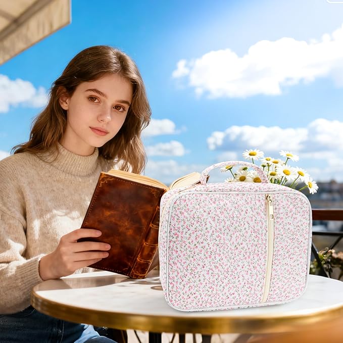 Zkptops Bible Cover Case for Women Girls Pink Large Bible Bag Cotton Quilted Floral Bible Carrying Case with Zipper Pocket and Handle Christian Carrying Book Cover for Christian Study Supplies
