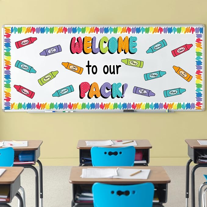 VABAMNA 63Pcs Classroom Bulletin Board Decorations Set - Welcome to Our Pack Crayon Cutouts with Border Trims for School Classroom Door Home Wall Decorations