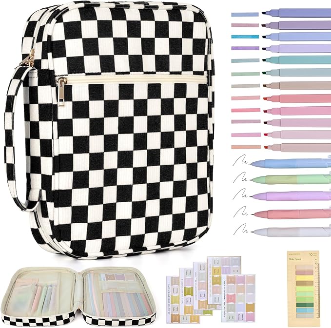 Bible Cover Case for Women Corduroy Bible Case for Girls Checkered Large Bible Cover with Handle Bible Study Supplies Accessories Christian Gifts for Women (Black, Medium)