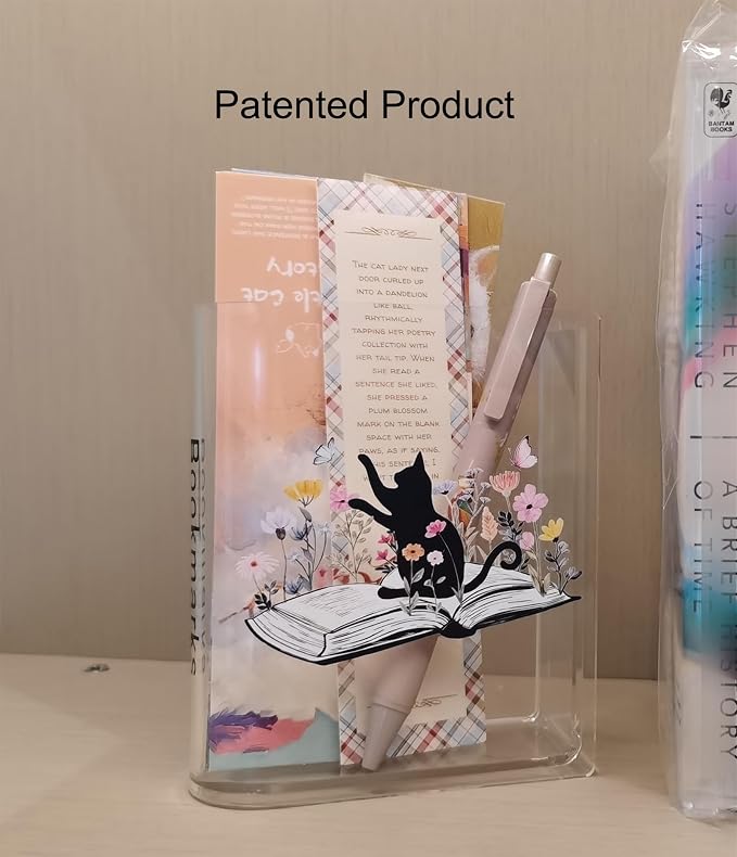 Bookmarks Holders Bookshelf Bookcase Decor, Home Office Desk Organizer, Book Marks Pen Pencil Holder, Friends Book Lover Gifts (Cat)