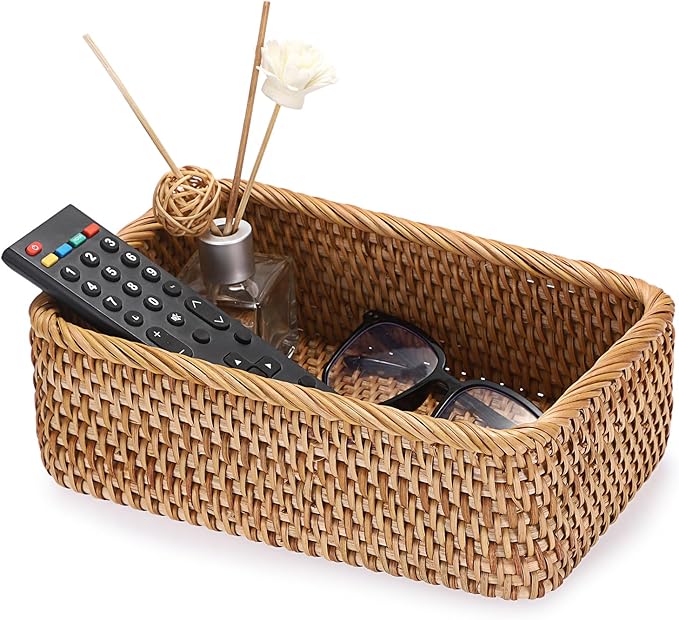BTSKY Small Remote Basket for Coffee Table Entryway Living Room Rattan Serving Tray 9.6'' x 6.5'' Handwoven Wicker Baskets Decorative Tray for Wallet Remote Control Trinkets Rings Cosmetics Crackers