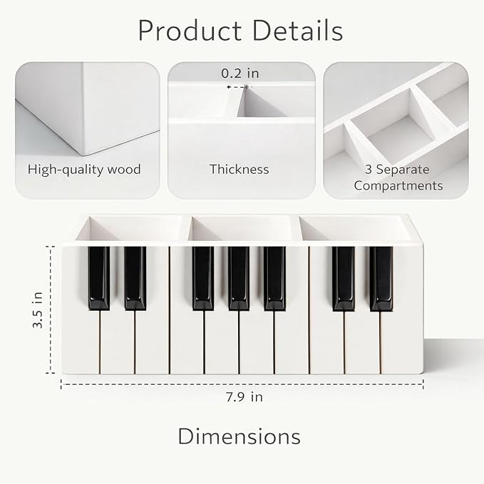 Piano Keys Desk Organizer, 3 Compartment Wooden Pencil Holder, Music-Themed Pen, Pencil, Scissors, Ruler Storage Box for Office, Home, Classroom