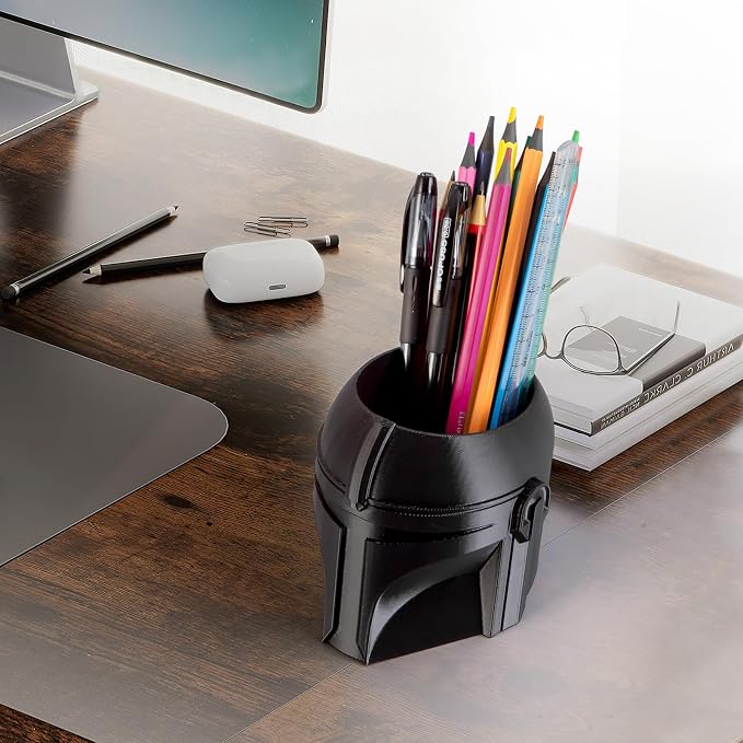 Cool Helmet Pen Holder, Armor Figurine Pencil Holder for Office Desk Decor, 3D Printed, Grey, Durable and Fun Gift Idea