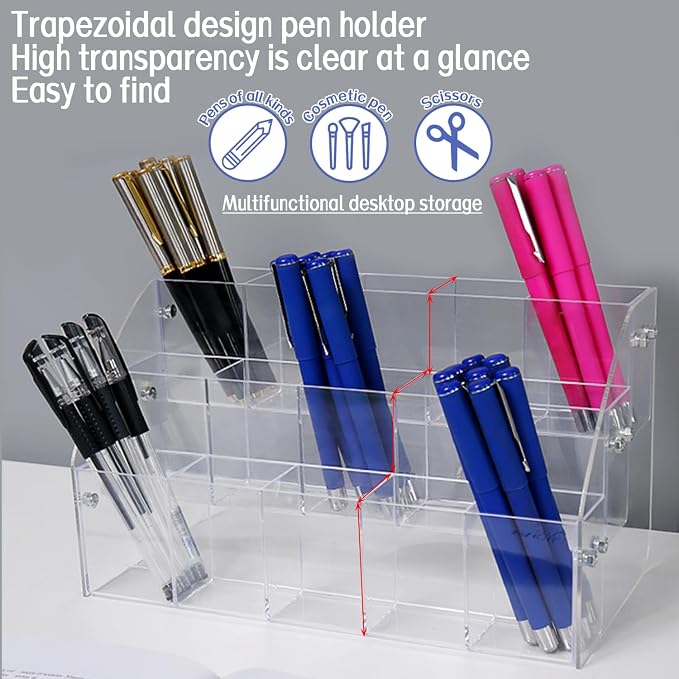 Clear Pen Display Stand-3 Tier ＆ 15 Grid Trapezoidal Acrylic Pen Holder Transparent Pencil Holders Acrylic Organizer Desktop Stationery Organizer Office Desk Accessory for Stationery Store,Home