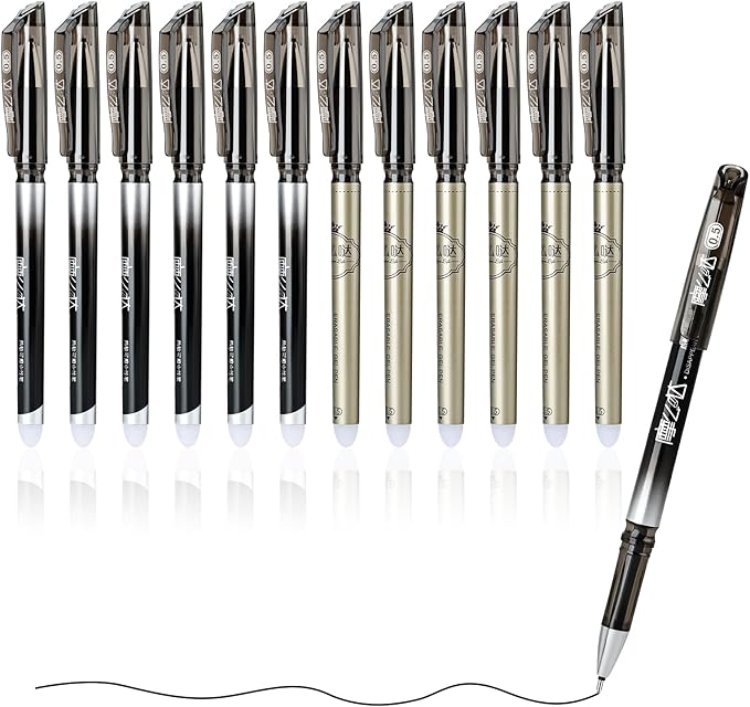 Temiary 12 Pcs Erasable Gel Pens, 0.5 mm Fine Point Heat Erasable Gel Ink Pen, Quick Dry for Writing, Journaling, and Crossword Puzzles, Smooth Writing for School Office Supplies (Black)