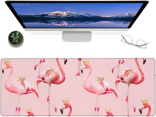 Cute Flamingo Gaming Mouse Pad – 12x31.5in Large Extended Desk Mat with Golden Crowns Design – Non-Slip Rubber Pink Mousepad for Office Home – Deskmat Gifts for Animal Lovers Decor