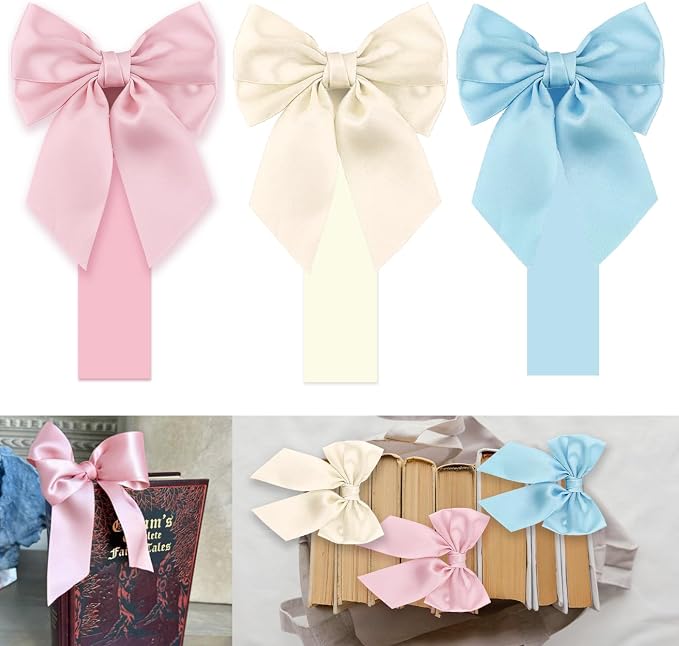 Pink White Blue Satin Bow Bookmark Anniversary Coquete Book Mark Mini Colorful Satin Ribbon Bows Appliques Craft Bowknot for Book Lovers Gift
