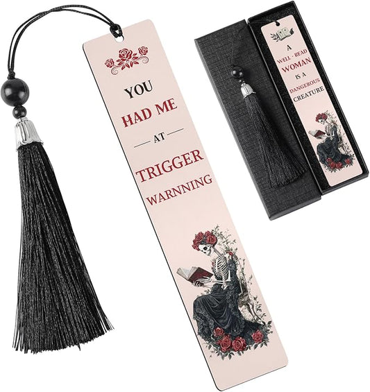 Dark Romance Merch Bookmark - Inspirational Reading List Book Mark Funny Personalized Unique Skeleton Rose Aesthetic Metal Page Maker Tassel Gift for Women Adults Bookish Bookworm Birthday