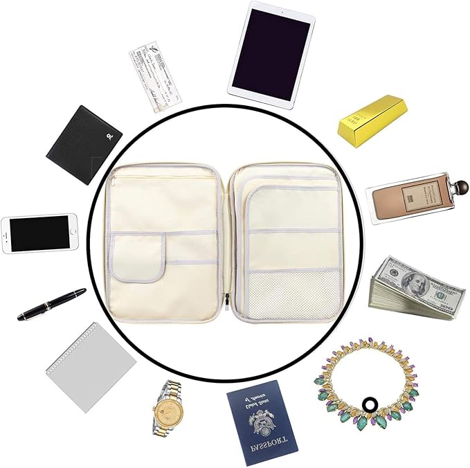 JAKAGO A4 Travel Portfolio Multifunctional Document Organizer Zippered Case for Office Supplies (Mulberry White)