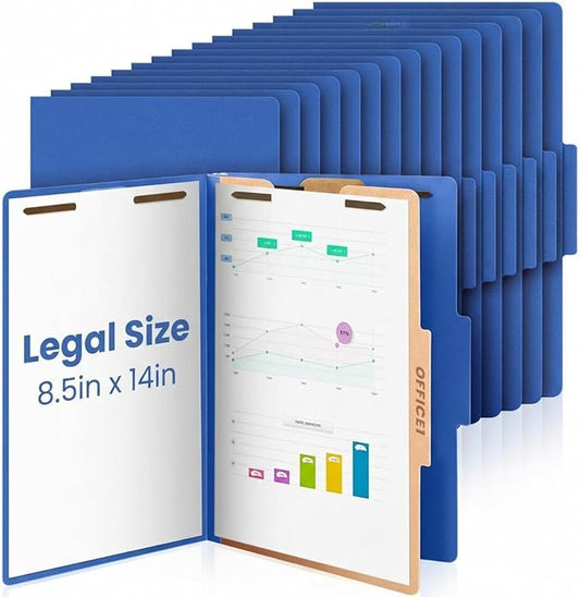 AmazingSpark 18 Pcs Legal Size Classification Folders Bulk 1 Divider Pressboard File Folder with Expansion 2 Prongs Fastener Heavy Duty Office File Organizer for School Hospitals Home (Dark Blue)