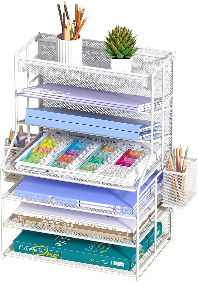 White 7 Tier Desktop File Organizer, Letter Tray Paper Organizer with Pen Holder and Metal Hanging Basket, Adjustable Vertical Desk Organizer for Office Desk Accessories