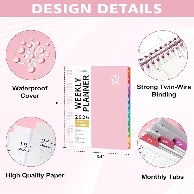 2026 Planner - 2026 Planner Weekly and Monthly from Jan. 2026 - Dec. 2026, Weekly Planners 2026 with Inner Pocket, Colorful Tabs, Planners for Women, 8.5" x 6.4" - Pink