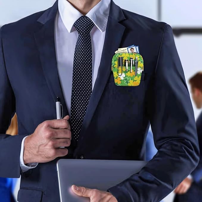 chaqlin Portable Pocket Protector with Saint Patrick Leaves Print PU Leather Pocket Organizer for Men Women Shirts, Lab Coats, Pants -Pen Pouch Holder