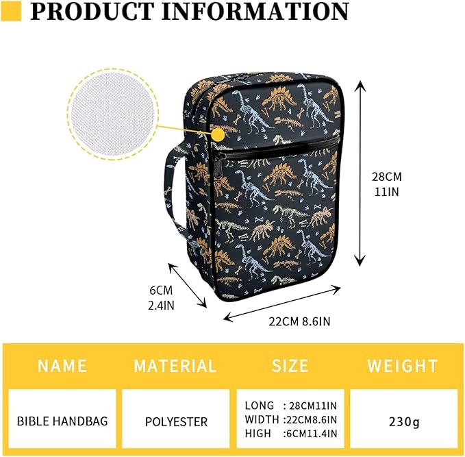 Dinosaur Bible Cover for Boys,Bible Tote with Zippered and Handle,Portable Carrying Book Case for Study Bible