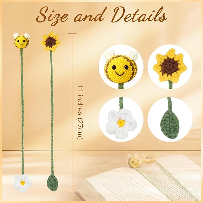 Sereney 2 Pack Bookmarks as Teacher Gifts, Book Lovers Appreciation Gifts Handcrafted Crochet Bee Sunflower Bookmark as Thank You Gift for Women Friend Coworker,Bookish Reader Reading Club Accessories