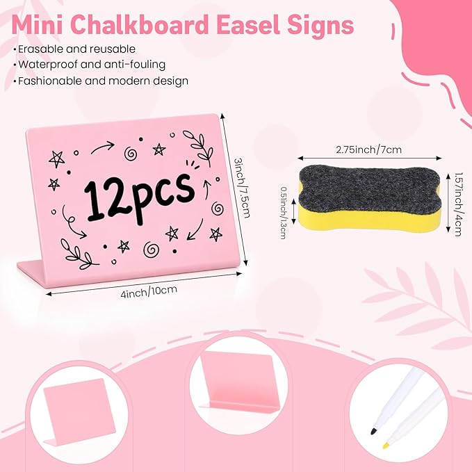 12 Pcs 4 x 3 Inches Pink Food Labels for Party Buffet Mini Chalkboard Signs with 2 Chalk and 1 Eraser Small Table Signs for Wedding Birthday Bakery Table Display Food Display