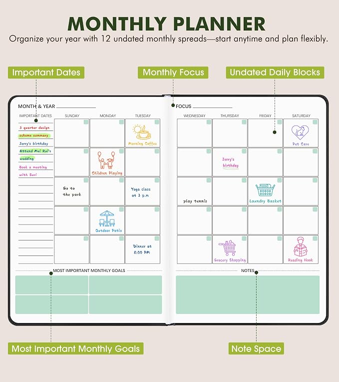 Undated Weekly and Monthly Planner, Hardcover Leather Calendar Blank Planner, Simplified To Do List Notebook with Goal & Habit Tracker Organizer, A5 Daily Weekly Planner for Work School Home, Black