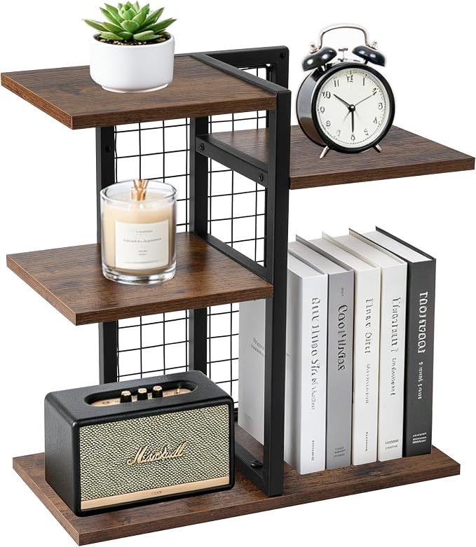 4-Tier Desktop Shelf Organizer, Desk Bookshelf with Wood Shelves and Metal Frame, Space-Saving Tabletop Storage Rack for Books, Decor and Office Supplies, for Home Office or Dorm