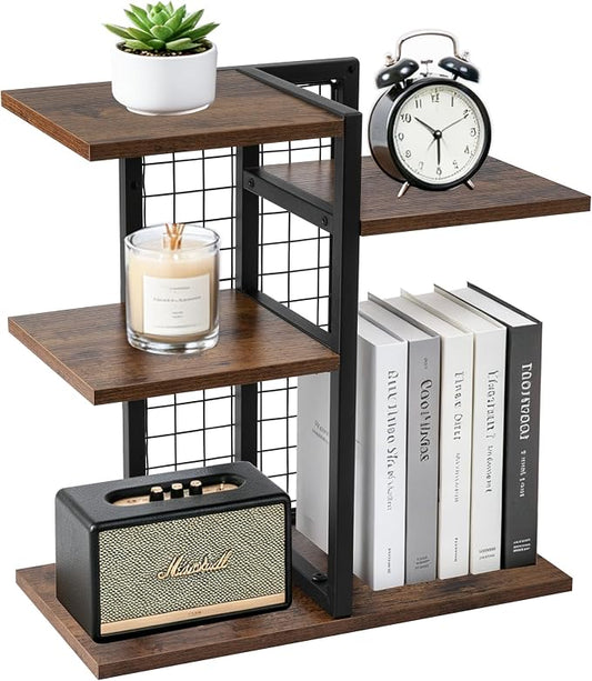 4-Tier Desktop Shelf Organizer, Desk Bookshelf with Wood Shelves and Metal Frame, Space-Saving Tabletop Storage Rack for Books, Decor and Office Supplies, for Home Office or Dorm