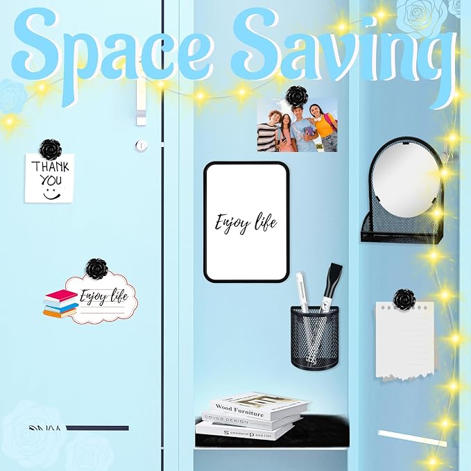8 Pcs Locker Accessories Kit Black Magnetic Mirror, Magnetic Pen Holders, Cute Flower Magnets,Locker Decorations Supplies First Day of School Essentials Work Locker Organizer