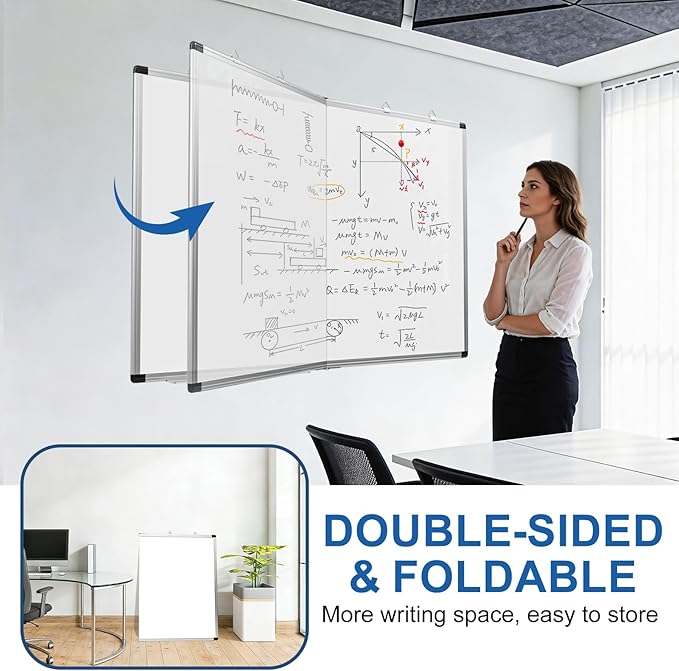 Magnetic White Board, 72" x 40" Large Foldable & Double-Sided Wall-Mounted Dry Erase Board, Portable Whiteboard with Silver Aluminum Frame & Marker Tray for Office, School, Classroom & Home