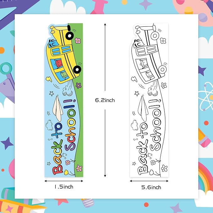 72Pcs Back to School Color Your Own Bookmarks for Kids - DIY Coloring Blank Bookmark Including Schoolbag Alarm Clock Books Ruler Painting Paper Class Party Supplies Goodie Bag Fillers