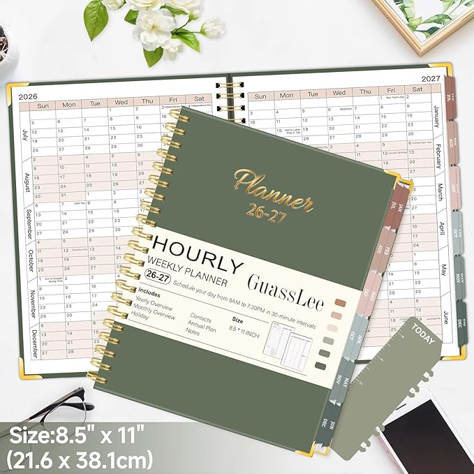 Large 2026-2027 Academic Planner, Weekly & Monthly Appointment Book from Jul. 2026 - Jun. 2027, Work & Life Daily Hourly Planner with Time Slots, A4 Agenda Organizer for School,Olive Green, 8.5" x 11"
