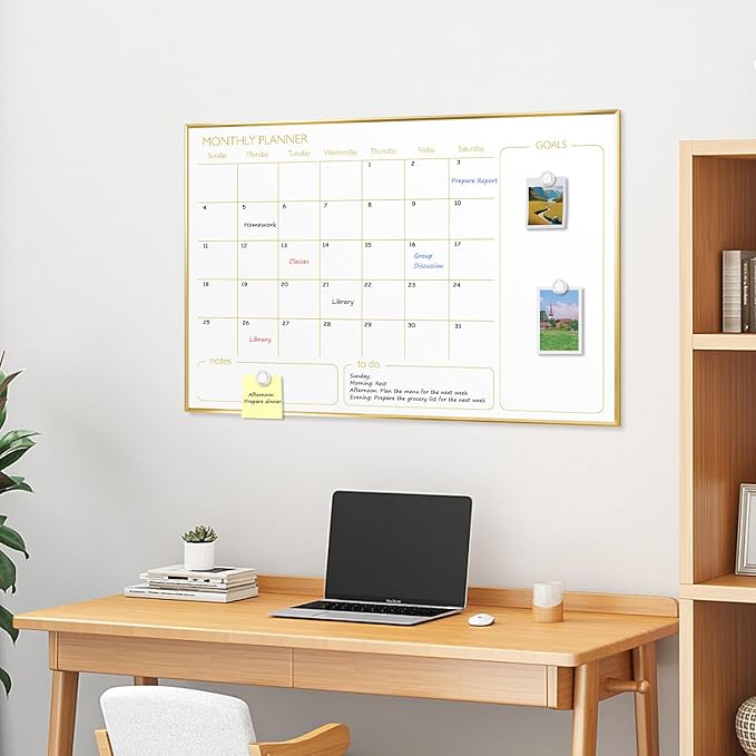 Large Dry Erase Calendar Whiteboard for Wall, 36'' x 24'' Monthly White Board Planner with Gold Frame, Magetic Hanging Wipe Board for Home Office School Dorm