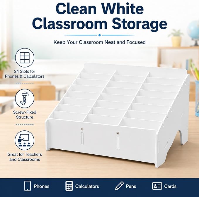 XICHENGSHIDAI 24 Slots Cell Phone Holder for Classroom, White Phone Storage Box and Calculator Organizer, Desktop Mobile Device Caddy for Teachers, School and Office, Caddy and Ink Pad Organizer