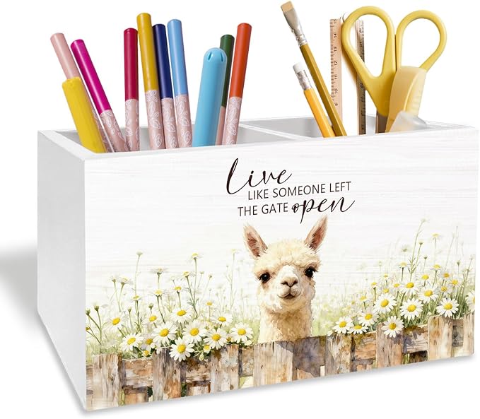 Rustic Daisy Floral Alpaca Pen Holder for Desk, Alpaca Llama Gifts Pencil Organizer, Live Like Someone Left the Gate Open Wooden Box Sign Desk Decor for Home Office Decoration
