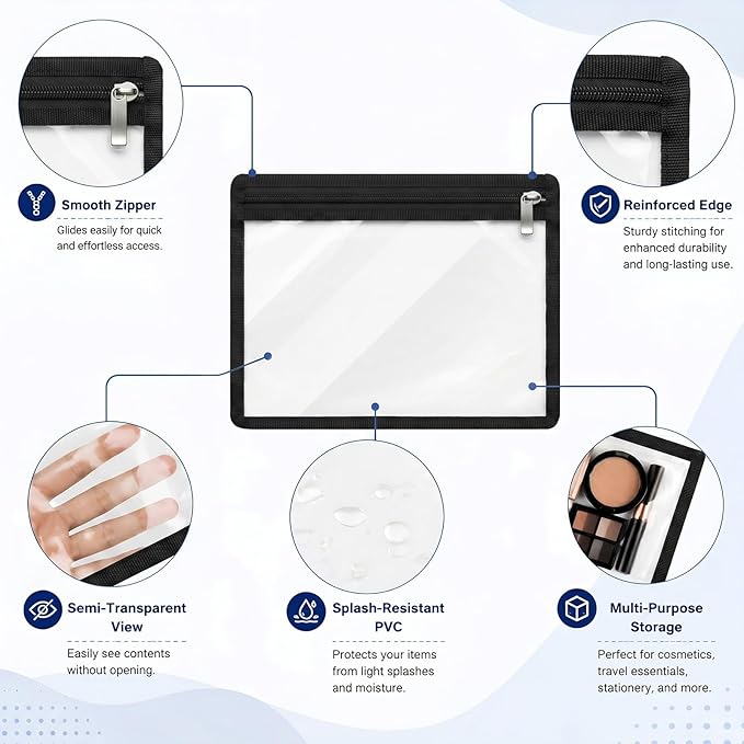 Ireer 18 Pcs Clear Zipper Pouches PVC Waterproof Pouch Bags Transparent Zipper Pouch Storage Bags Multipurpose for Organizing Travel Cosmetics Document File (Black,8 x 9.8 Inch)