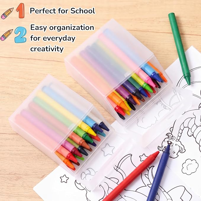 Clabby 2 Pcs Plastic Crayon Organizer Case for 24 Count Crayons Kids Art Supply Storage Box with Lid, Portable Holder for Classroom Home Travel, Fits Standard 24-Pack Crayon (Clear)